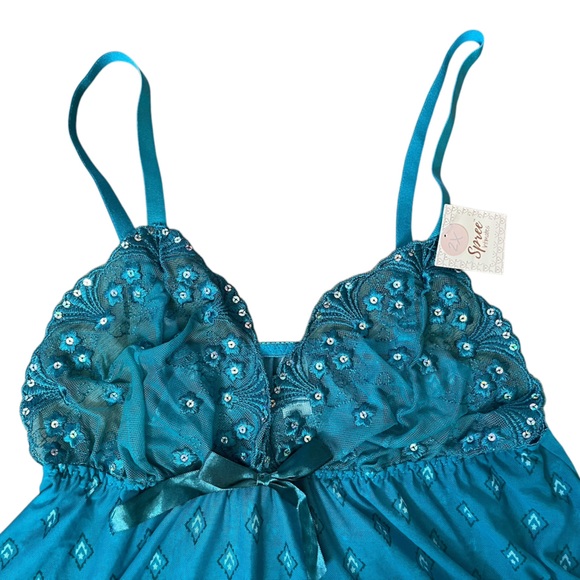 NOS Spree Intimates Plus Size Teal Sheer Sequin Lace Lingerie Mini Slip Dress - Picture 2 of 5